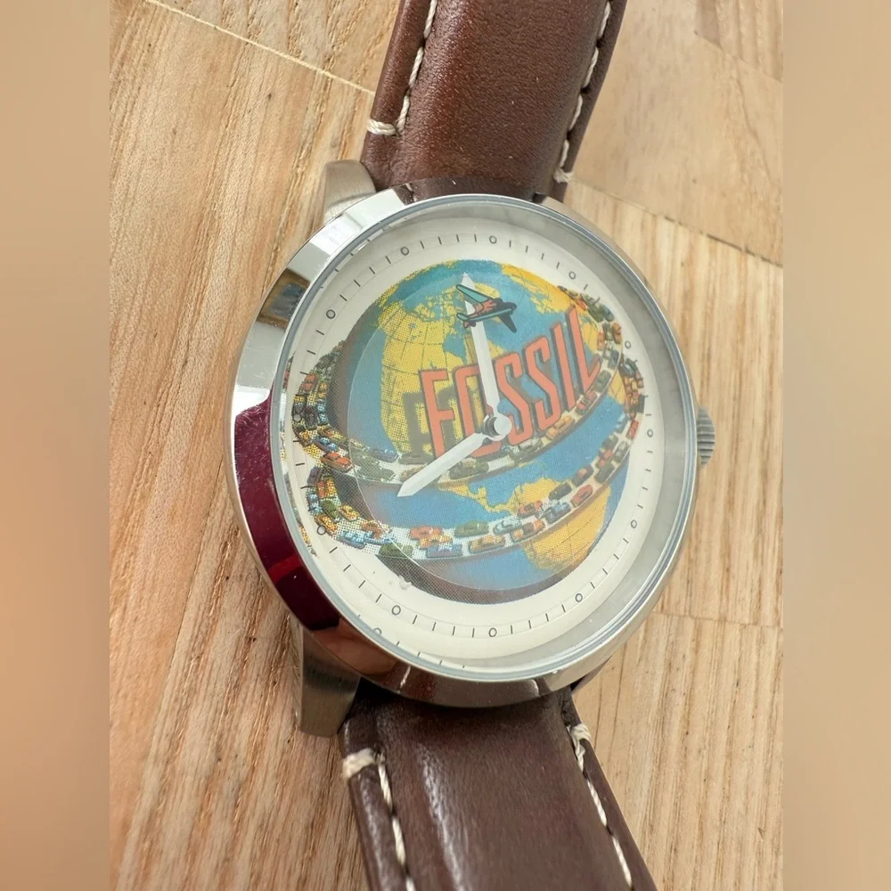 Fossil mens 30th anniversary stainless steel brown leather watch NEW BATTERY